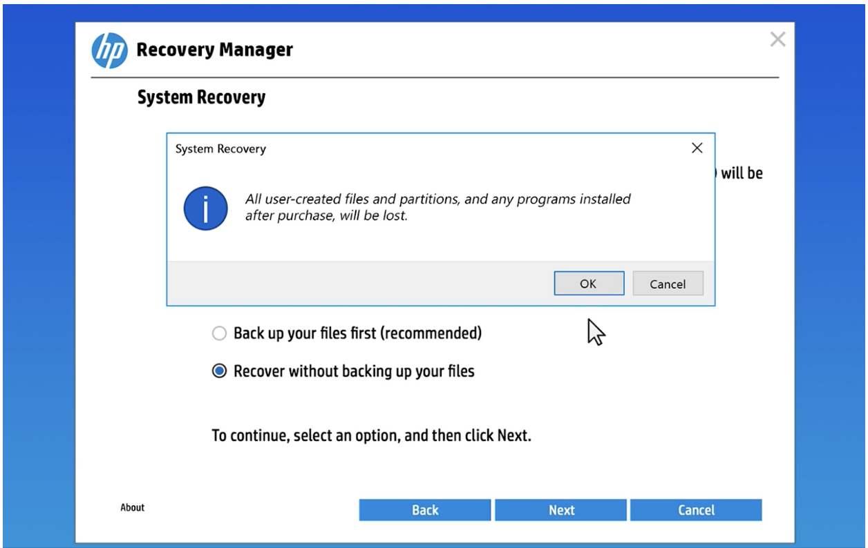 Click OK at the prompt that warns about losing your files